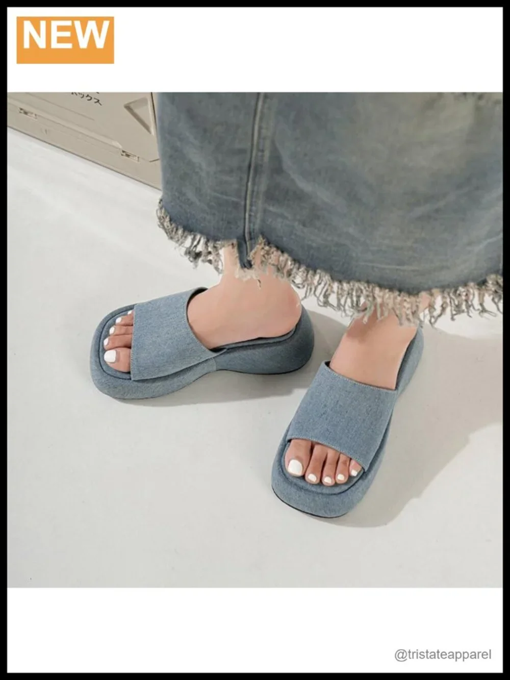 Women's Denim Platform Heeled Sandals Open Toe Slip On Chunky Block Heel